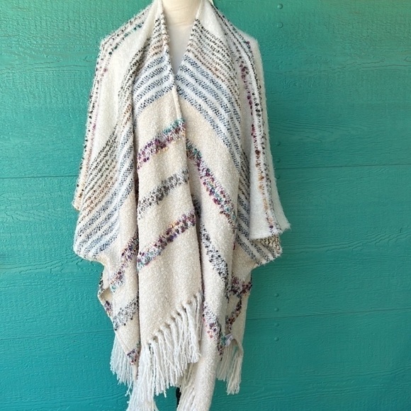Anthropologie Striped Fringe Cardigan Poncho One Size - Picture 7 of 13